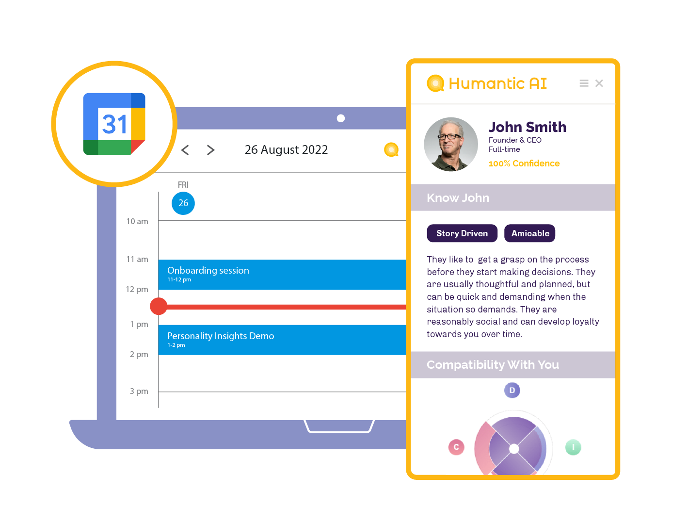 Image showing how the Humantic chrome extension gives insights on Google calendar